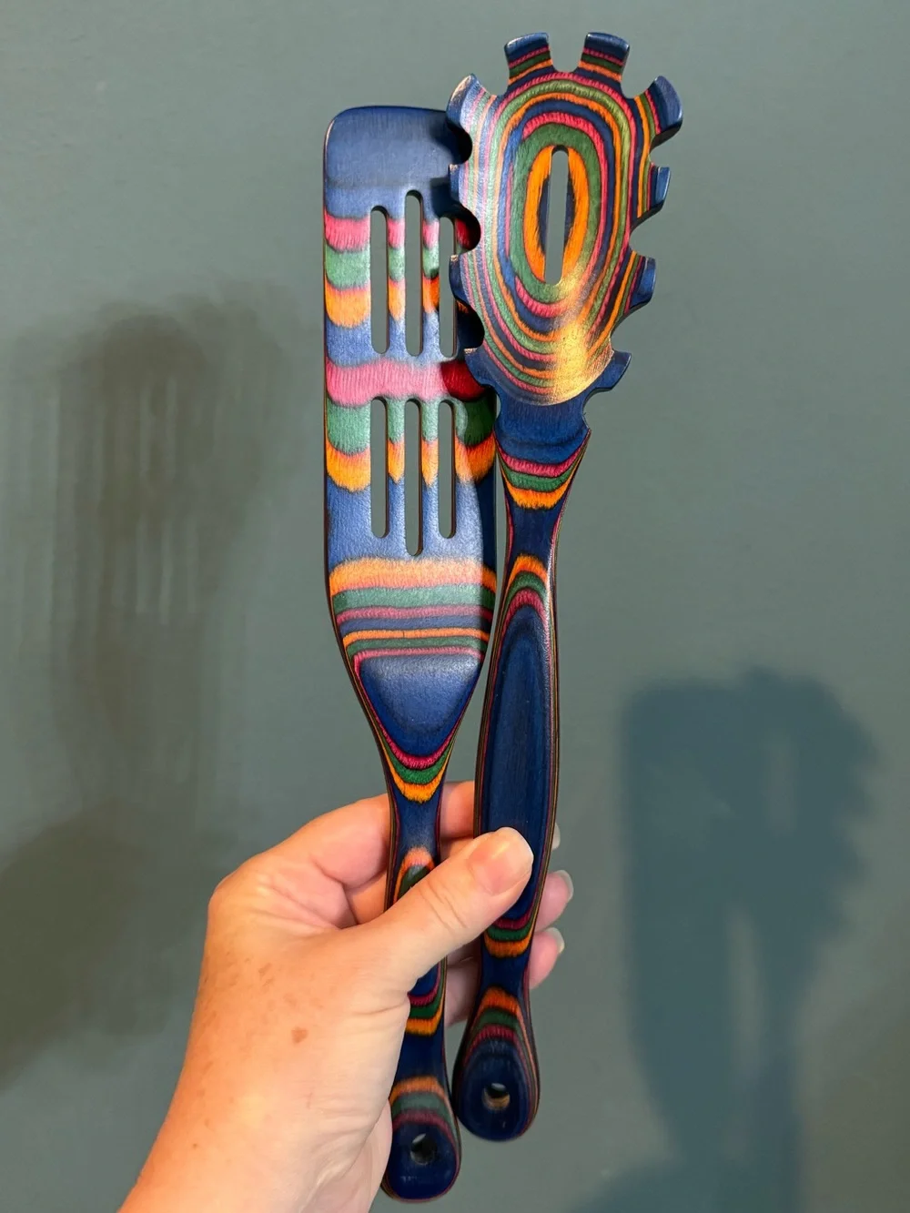 Pair of PAKKA Rainbow HARDWOOD UTENSILS - Spatula and Slotted Pasta Spoon